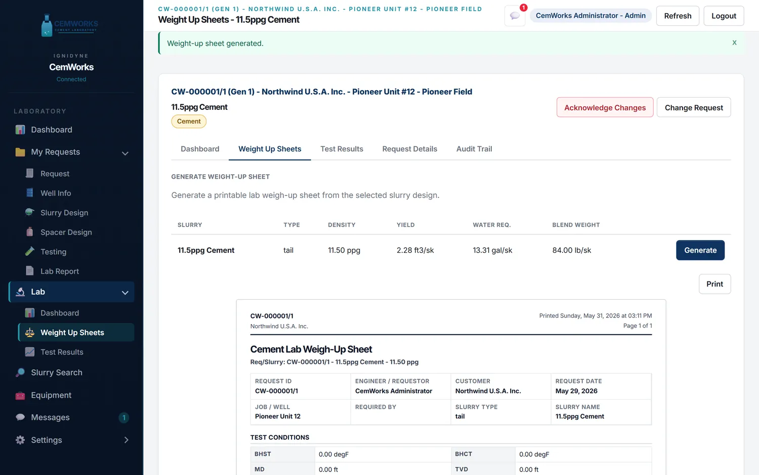 CemWorks generated cement lab weight-up sheet