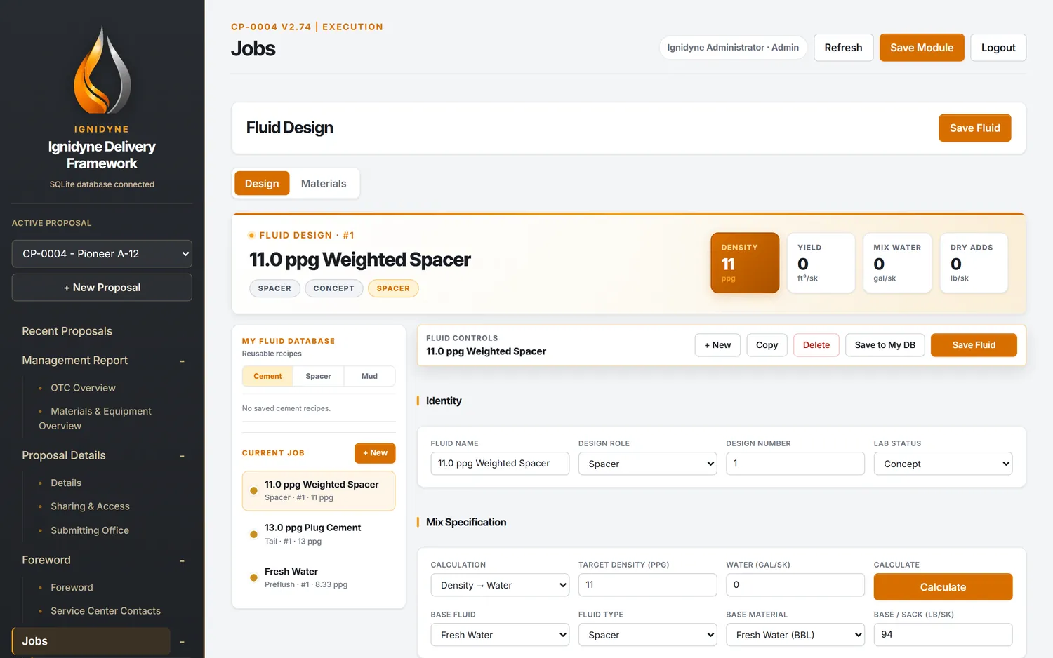Fluid design screen with density, yield, and mix specification