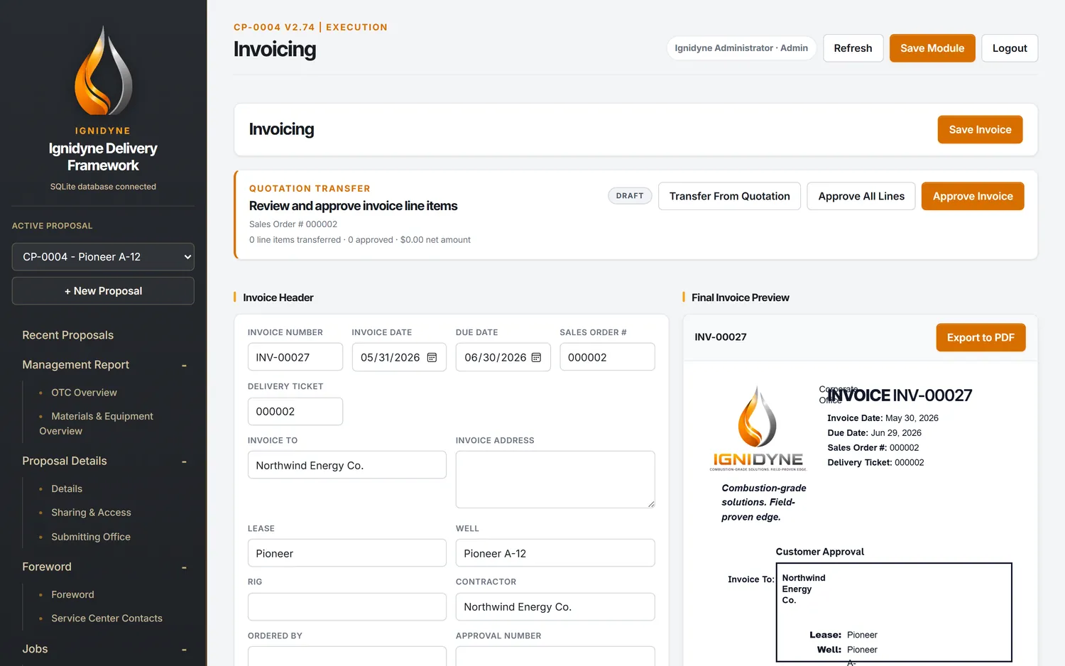 Invoicing screen with billable line review and final invoice preview