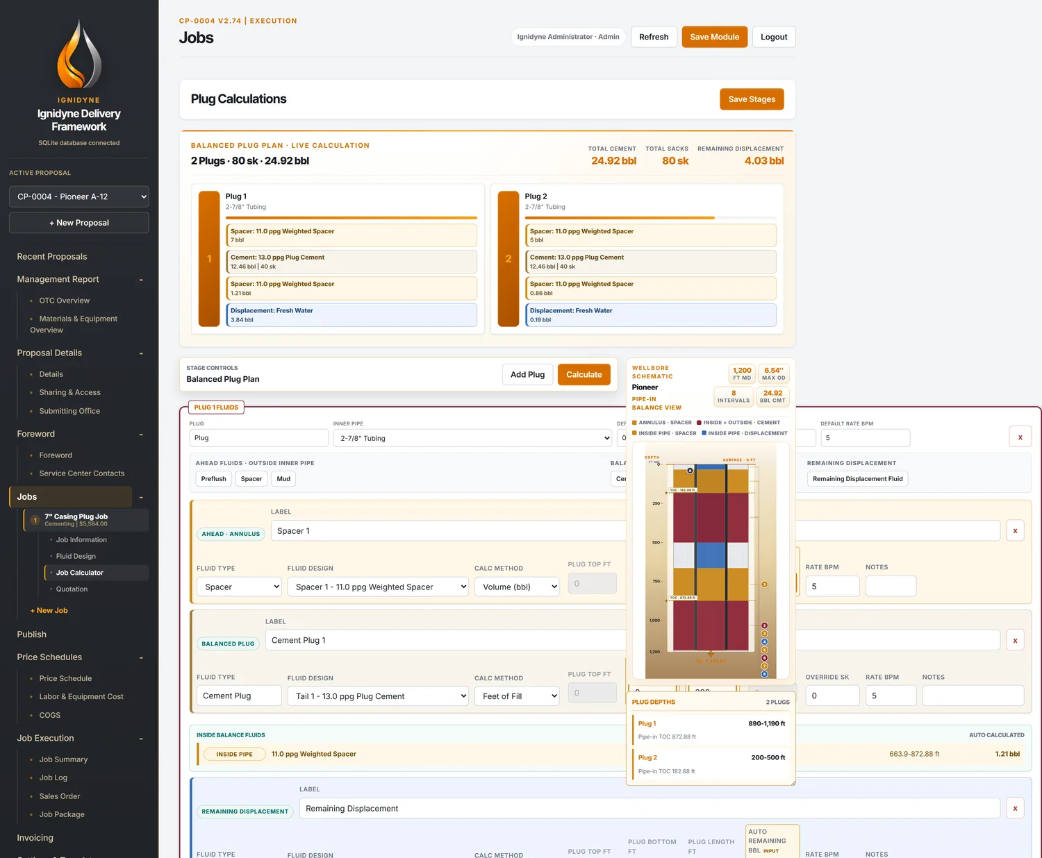 Cementing job calculator with stage timeline and scaled wellbore schematic